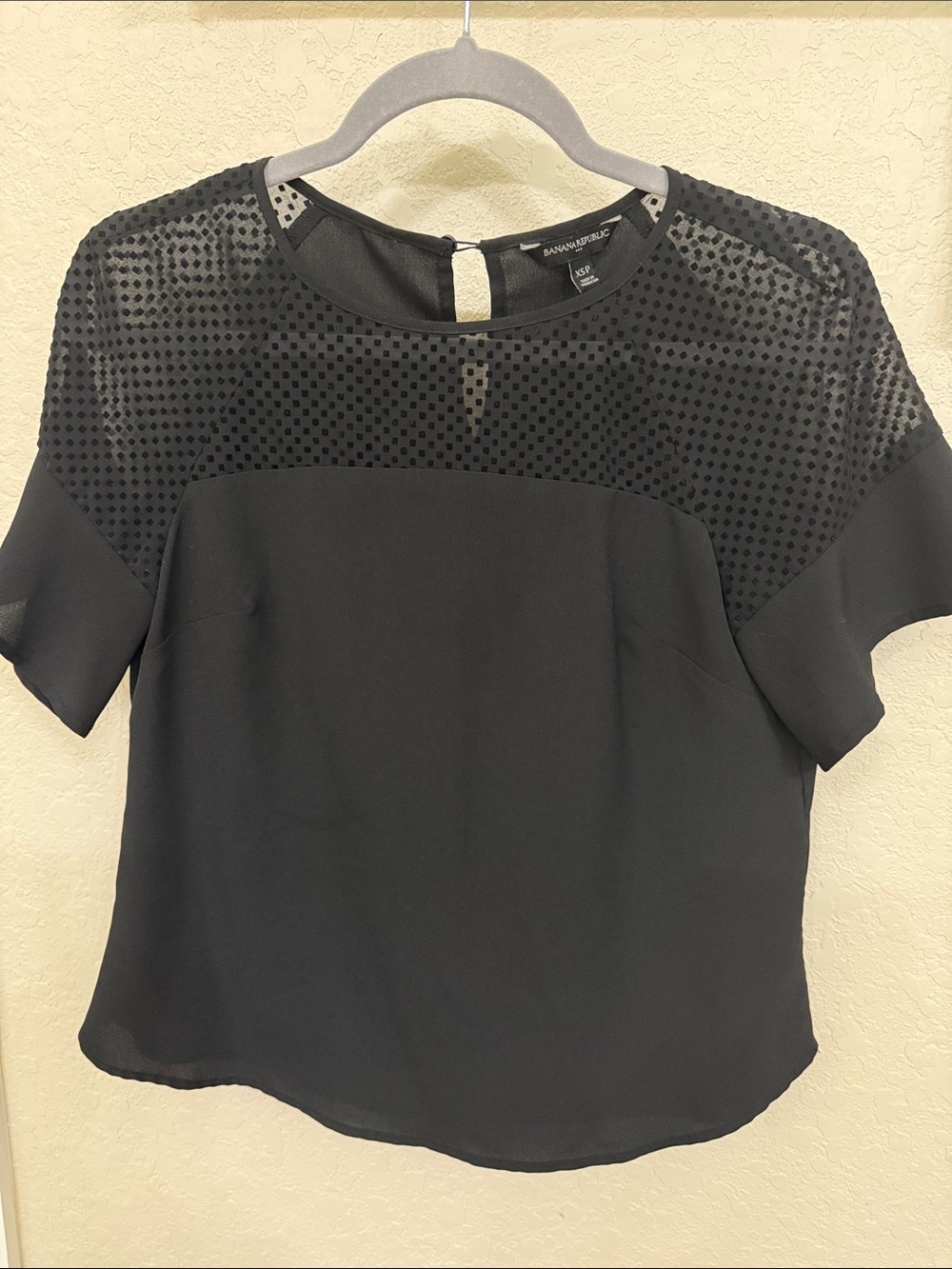 Banana Republic Black Short Sleeve Top with Sheer Dotted Yoke